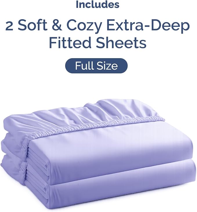 2 Pack Extra Deep Full Fitted Sheets with Extra Deep Pockets - Lavender | Hotel Luxury Bottom Fitted Sheets Only, Soft, Fade & Wrinkle Free, Breathable & Comfy, All Around Elastic Fitted Sheets