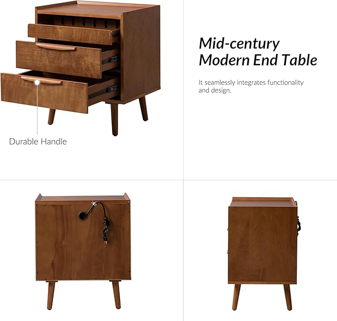 HULALA HOME 2-Drawer End Table with Charge Station, Set of 2 Acorn | Mid-Century Modern Style, Pull-Out Shelf, Wood Legs, Cable Management