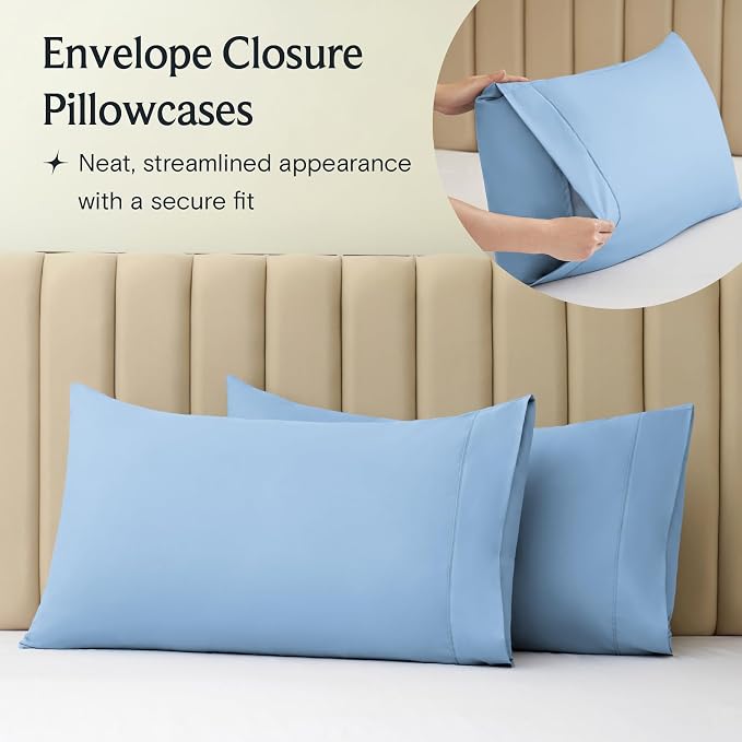 LuxClub 4 PC Full Sheet Set, Deep Pockets Wrinkle Free Cooling Bed Sheets Hotel Bedding for Women, Men, Kids & Teens, Includes 1 Fitted Sheet, 1 Flat Sheet and 2 Pillowcases-Soft Sky | LuxClub Silky Fitted Sheet & Pillowcase Sets, Breathable Hotel Luxu...