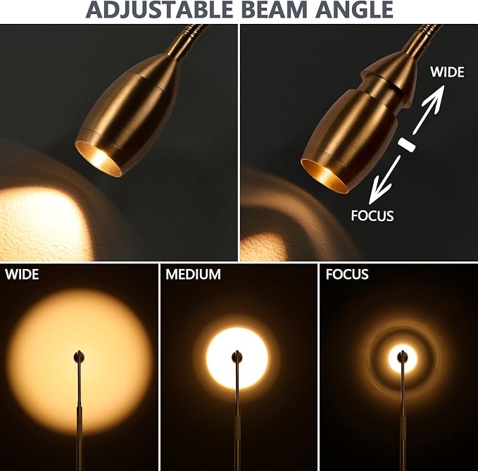 Reading Floor Lamp, 72" LED Dimmable Lamp with Gooseneck,Zoomable Spotlight | Adjustable Color Beam Standing Lamp, Touch & Remote Control, Task Craft, Sewing, Bedroom Living Room, Office, Antique Brass