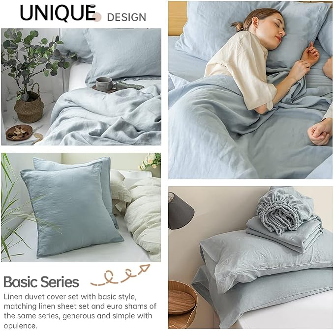 Simple&Opulence 100% Linen Duvet Cover Set 3pcs Basic Style Natural French Washed Flax Solid Color Soft Breathable Farmhouse Bedding with Button Closure - Dusty Blue, California King