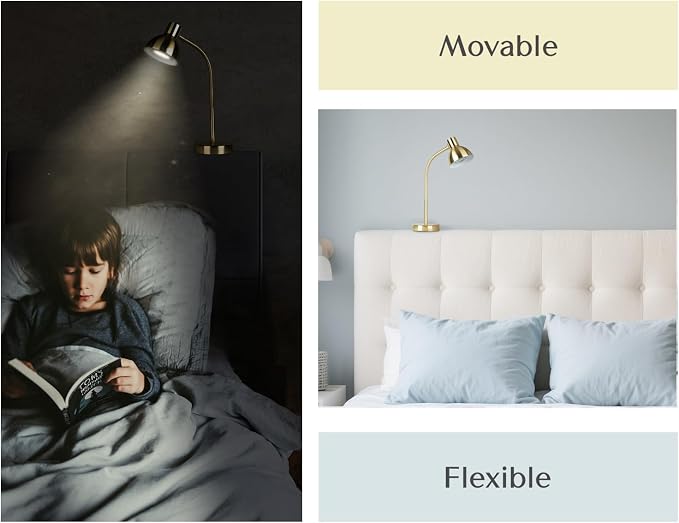 Patented Innovative Design Headboard Reading Light Pro. No Drilling Book Light for Bedtime Reading. Dimmable LED Book Reading Lamp with Bulb. Movable & Flexible, Gold