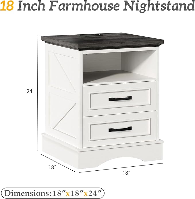 Fluest 24" Tall Farmhouse Nightstand, Night Stand with Fast Charging Station, Beside Tables with Drawers and Open Storage, Rustic End Tables for Bedroom, Antique White