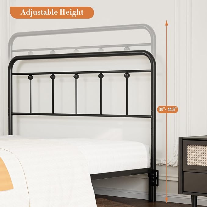 Victorian Metal Queen Size Headboard, Adjustable Height, Black | Sturdy Steel Queen Head Board Only for Bedroom, Bed Frame Brackets Adapter, Farmhouse Vintage Style, Easy Assembly