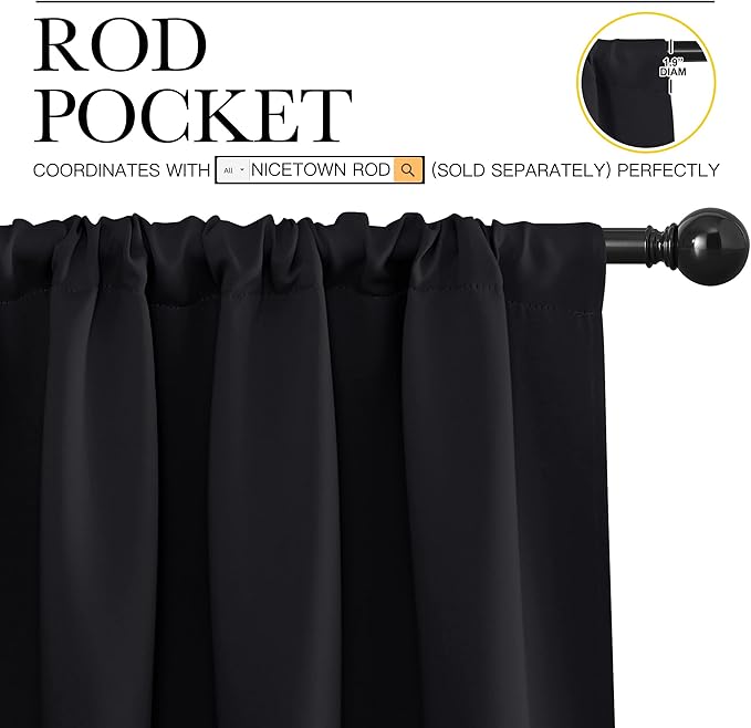 NICETOWN Black Blackout Curtains for Living Room 42" w x 72" L 2 Panels | All Season Rod Pocket Thermal Insulated Solid Blackout Shades Curtains Drapes for Window, Room Darkening Home Decor