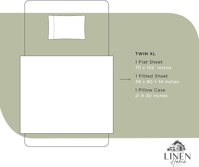 Linen Home 100% Cotton Percale Sheets Twin XL Size, Sage, Deep Pocket, 3 Pieces Set - 1 Flat, 1 Deep Pocket Fitted Sheet and 1 Pillowcase, Crisp Cool and Strong Bed Linen