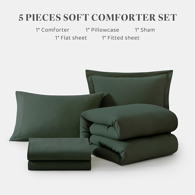 Twin XL Comforter Set- 5 Pieces Prewashed Bed in a Bag Twin Bedding Sets | Soft All Season Comforter with Sheets, Pillow Sham & Pillowcase, Deep Forest
