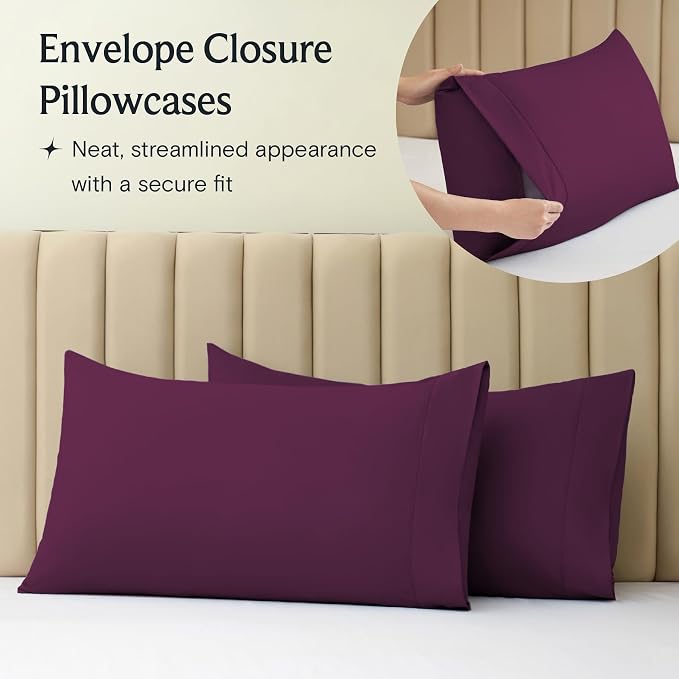 LuxClub Twin Size Sheets Set, Cooling & Soft Deep Pocket Bed Sheets, 3PC | LuxClub Silky Fitted Sheet & Pillowcase Sets, Breathable Hotel Luxury Bedding for Mattress Wrinkle Free, Eggplant