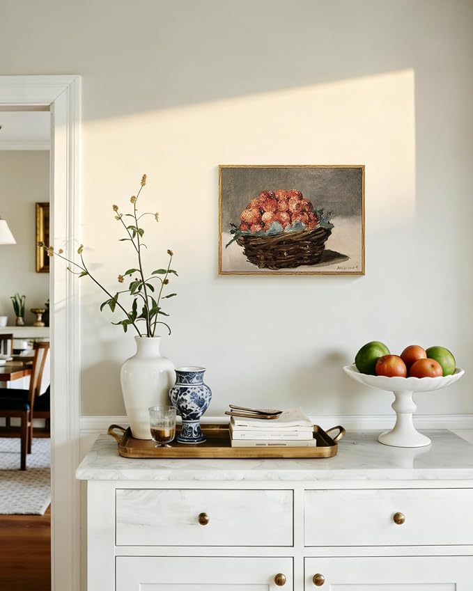 WHASAYART Raspberries Canvas Wall Art 12x16in, Vintage Fruit Still Life Framed Wall Decor, Rustic Farmhouse Kitchen Artwork Print, Fruit painting for Dining Room, Kitchen, Coffee Bar, Gift Ready