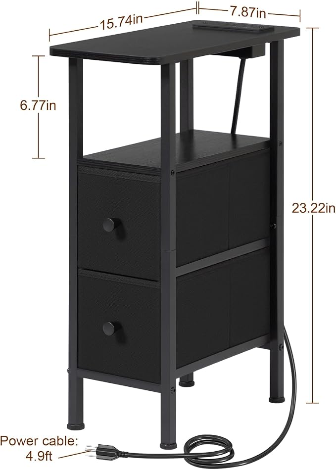 LOAKEKEL Narrow End Table with Charging Station, Small Nightstand | Skinny Side Tables Living Room with 2 Fabric Drawers, Slim Bedside Table for Bedroom, Small Spaces, Couch, Black