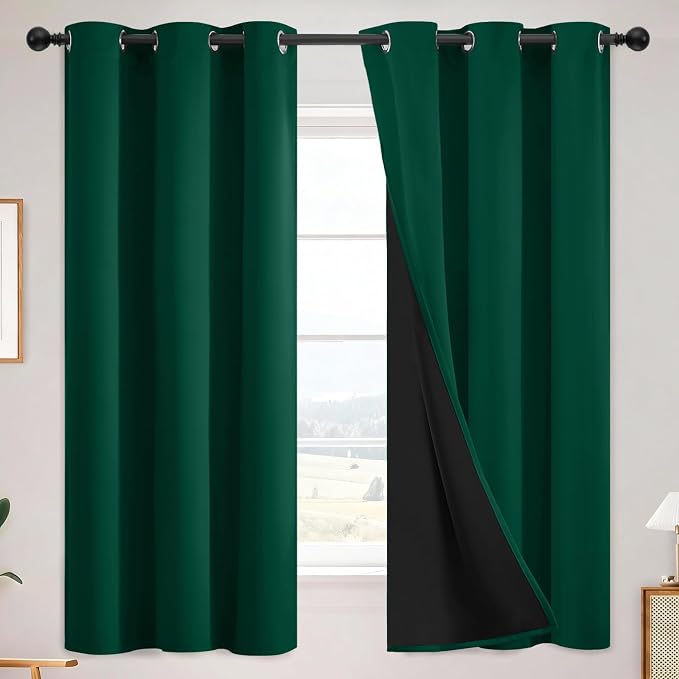 SimpleHome Dark Green 100% Blackout Curtains Room Darkening Living Room 63 | Curtains for Bedroom,Thermal Insulated Grommet Window Drapes,Curtains for Living Room with Black Back,38 x 63 Inch,2 Panels
