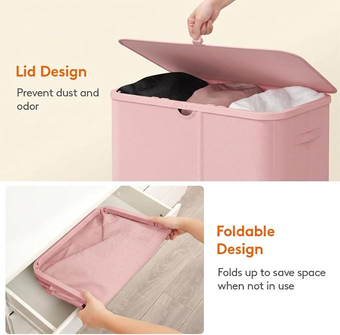 Lifewit 185L 3 Section Laundry Hamper with Lid, Laundry Basket, Pink | Large Foldable Laundry Sorter with 3 Removable Bags, Tall Clothes Hamper for Bedroom and Bathroom