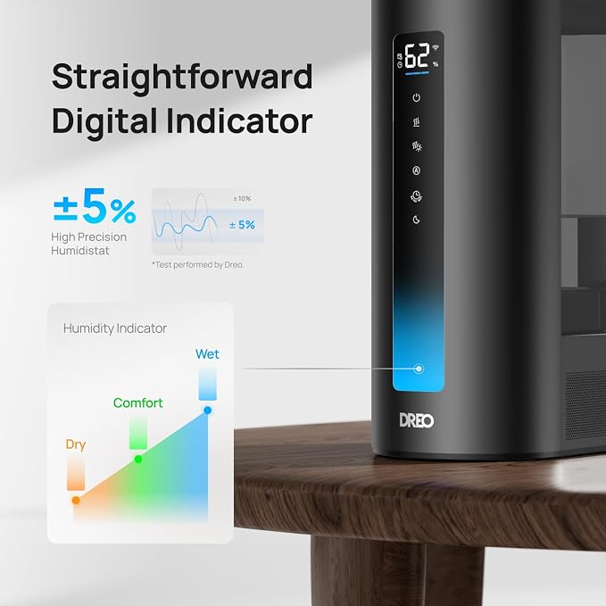 DREO 6L Smart Humidifiers for Bedroom, Warm & Cool Mist for Large Room | 60-Hour Quiet Runtime, 500ML/H Output, Smart Humidity Sensor, Indicator Light, App Control, Works with Alexa & Google, Black