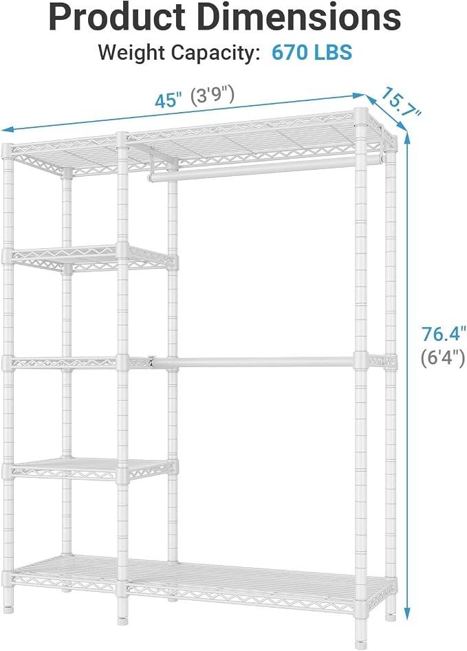 VIPEK V7 Clothing Rack with Shelves Heavy duty Closet for Hanging Clothes | 5 Tiers Adjustable Wire Shelving, Double Hanging Rods, 670lbs Metal Closet System, Space-Saving Storage for Bedroom,White
