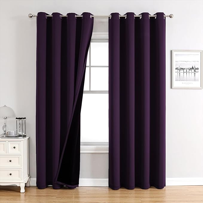 ChrisDowa 100% Blackout Curtains for Bedroom 84 Inches Long 2 Panels Set | 2 Thick Layers, Thermal Insulated, Light Blocking, Grommet, Window Treatment, Living Room Drapes, Royal Purple, 52 x 84 Inch