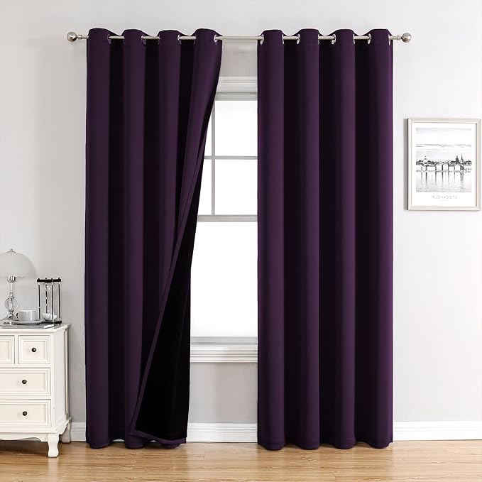 ChrisDowa 100% Blackout Curtains for Bedroom 95 Inches Long 2 Panels Set | 2 Thick Layers, Thermal Insulated, Light Blocking, Grommet, Long Window Drapes, for Living Room, Royal Purple, 52 x 95 Inch