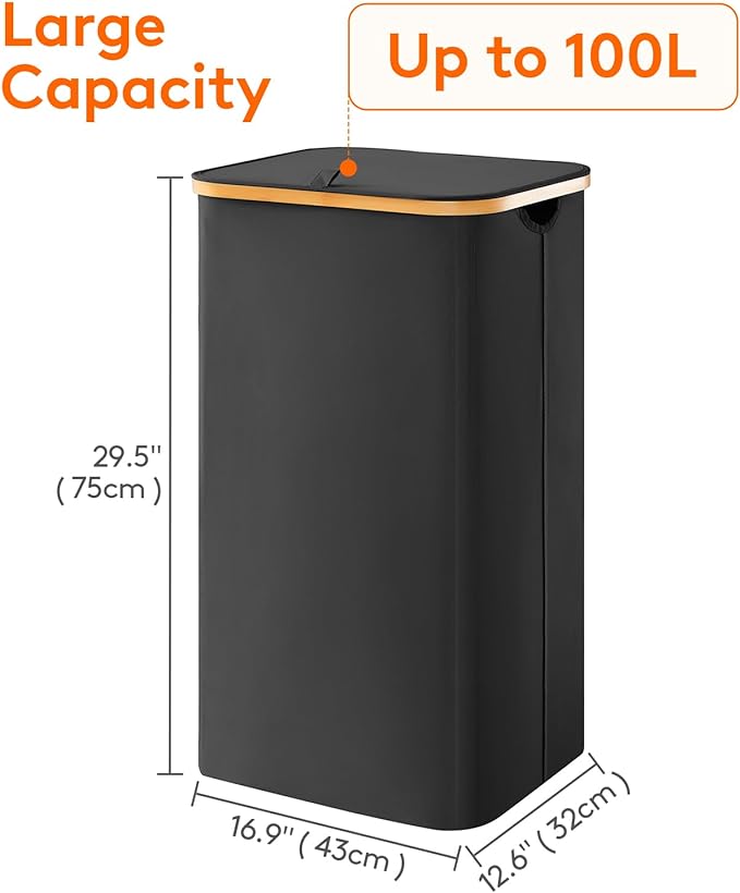 Lifewit 100L Laundry Basket with Lid, Clothes Hampers for Laundry with Bamboo Handles and 1 Removable Bag, Large Foldable Laundry Hamper for Bedroom, Bathroom, Dorm, Laundry Room, Black