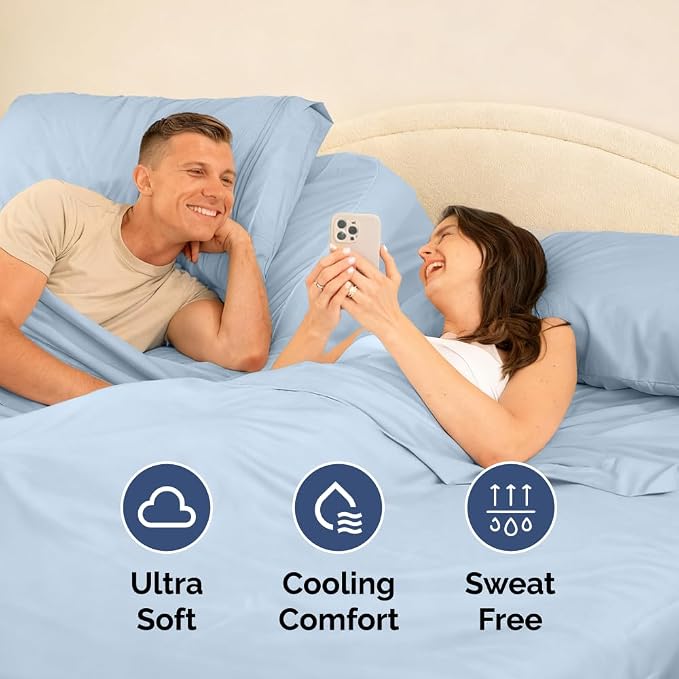 Flex Top Split Head King 4 Piece Sheet Set - Soft & Breathable - Light Blue | Cooling Bed Sheets Set, Hotel Luxury Bedding for Women & Men with Deep Pockets, Wrinkle Free & Fade Resistant, Oeko-Tex
