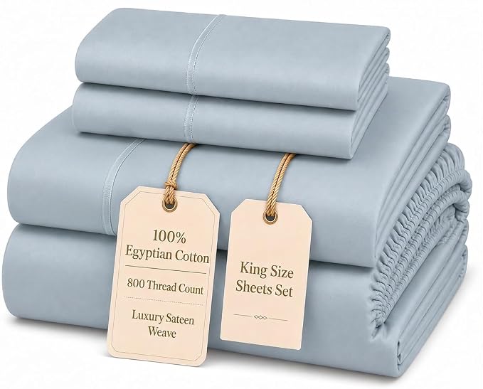 Egyptian Cotton Sheets For King Size Bed, King Sheet Set - French Blue | 800 Thread Count 15" Deep Pocket Sateen Weave 4 Piece Sheet & Pillowcase Sets, Soft, Naturally Breathable & Cooling Sheets