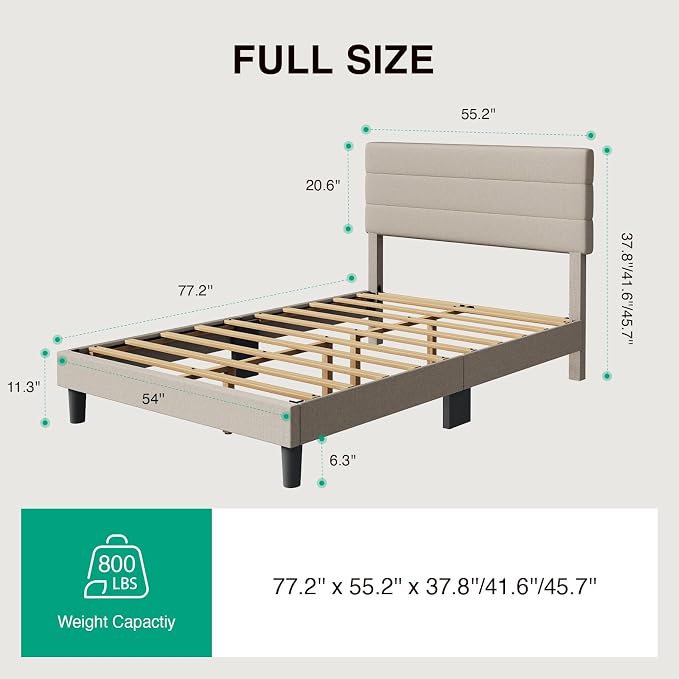 Novilla Full Size Bed Frame with Headboard, Full Bed Frame with Wooden Slats Support, Linen Upholstered Stripe Headboard, No Box Spring Needed, Heavy Duty Feet, Easy Assembly, Beige