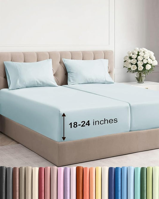 Extra Deep Split King Sheet Set - 5 Piece Soft & Cooling Sheets - Ice Blue | Easily Fits 18 to 24 inch Mattress - Ultra Soft, Wrinkle & Fade Free with Extra Deep Pockets - Comfy Hotel Luxury Bedding