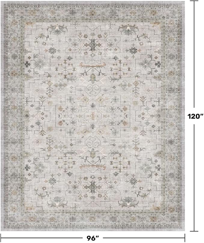Light Gray & Sage Living Room Rug 8x10 - Washable Boho Low Pile Large Area Rug for Dining Room, Bedroom Carpet, Distressed Vintage Floral Design, Low Pile Stain Resistant