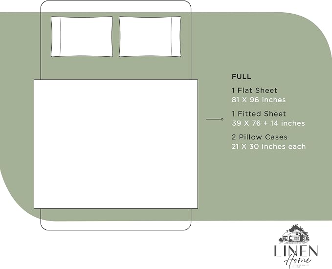 Linen Home 100% Cotton Percale Sheets Full Size, Oil Green – Crisp & Cool, Breathable, Long-Staple Combed Cotton, 16" Deep Pocket, 4 Pieces: 1 Flat, 1 Fitted Sheet & 2 Pillowcases