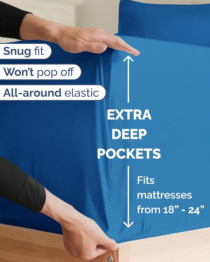 Extra Deep Twin XL Sheet Set - 4 Piece College Dorm Room - Royal Blue | College Dorm Room Essentials, Easy & Secure Fit, Ultra-Soft, Wrinkle & Fade Free, Comfy Sheets Set with Extra Deep Pockets