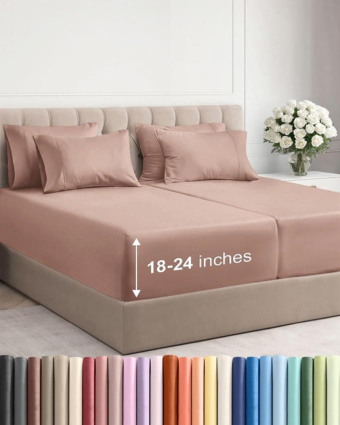 Extra Deep Split King Sheet Set - 7 Piece Breathable Cooling Sheets - Mauve | Hotel Luxury Bed Sheets Set, Easy & Secure Fit, Ultra-Soft, Wrinkle & Fade Free, Comfy Sheets Set with Extra Deep Pockets