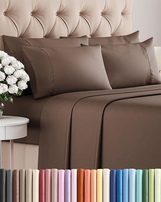 Cal King 6 Piece Bed Sheet Set - Comfy, Breathable & Cooling Sheets - Brown | Ultra-Soft Hotel Luxury Bedding Set with 8-16 Inch Deep Pockets, 1 Flat & 1 Fitted Sheet & 4 Pillowcases, Wrinkle & Fade Free
