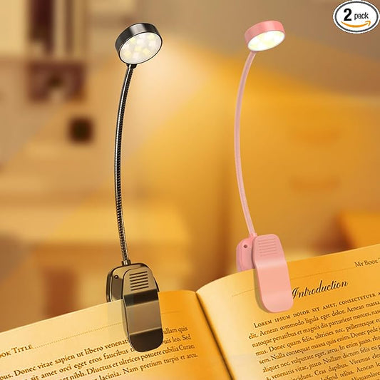 KTEBO 2 Pack Rechargeable Book Light Clip-On Reading Light for Books in Bed | 9 eye-friendly modes from 3 color temperatures and 3 brightness, USB-C up to 30 hrs - Black & Pink