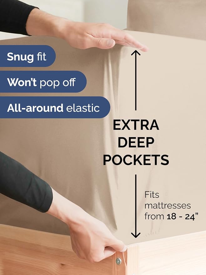 Extra Deep Queen Sheet Set - 6 Piece Breathable and Cooling Sheets - Wheat | Hotel Luxury Bed Sheets Set, Easy & Secure Fit, Ultra-Soft, Wrinkle & Fade Free, Comfy Sheets Set with Extra Deep Pockets