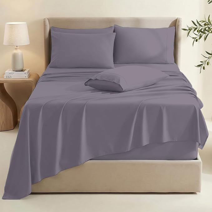 Hearth & Harbor Bed Sheets, Luxury Soft 6 Piece Bed Sheet Set Extra Deep Pocket Fitted Sheets Fits Mattress up to 21", Double Brushed Bedding Sheets & Pillowcases, King Purplish Gray