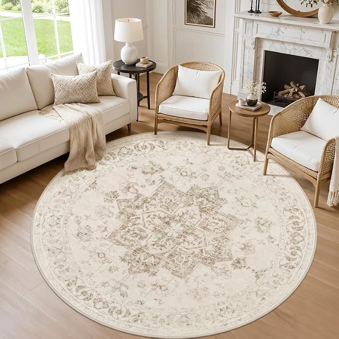Round Area Rug Living Room: 8ft Washable Carpet Beige/Ivory | Vintage Boho Circle Soft Large Circular Carpet Bedroom Nursery Neutral Dining Room Indoor Decor Floor Non-Slip Under Table