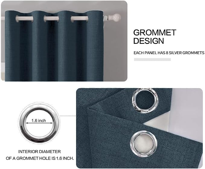 MIULEE 100% Blackout Linen Curtains for Bedroom 52x45 Inches Navy | Room Darkening, Light Blocking, Thermal Insulated, Grommet Top, Linen Textured, Window Curtains for Living Room, 2 Panels