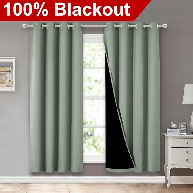 NICETOWN Greyish Green Blackout Curtains for Nursery 52" w x 72" L 2 Panels | Full Light Blocking Drapes with Black Liner, Thermal Insulated Draperies, Noise Reducing Room Darkening Window Treatment