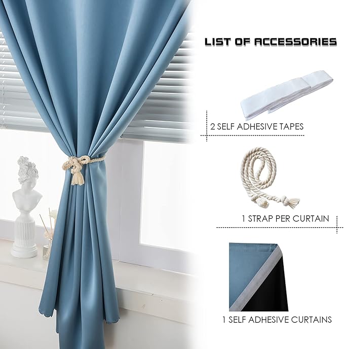 AJAZZ 100% Blackout Stick Curtain Portable Black Out Curtains Adhesive Curtains for Bedroom Living Room No Drilling (Light Blue, 47" W x 54" L 1 Panel)