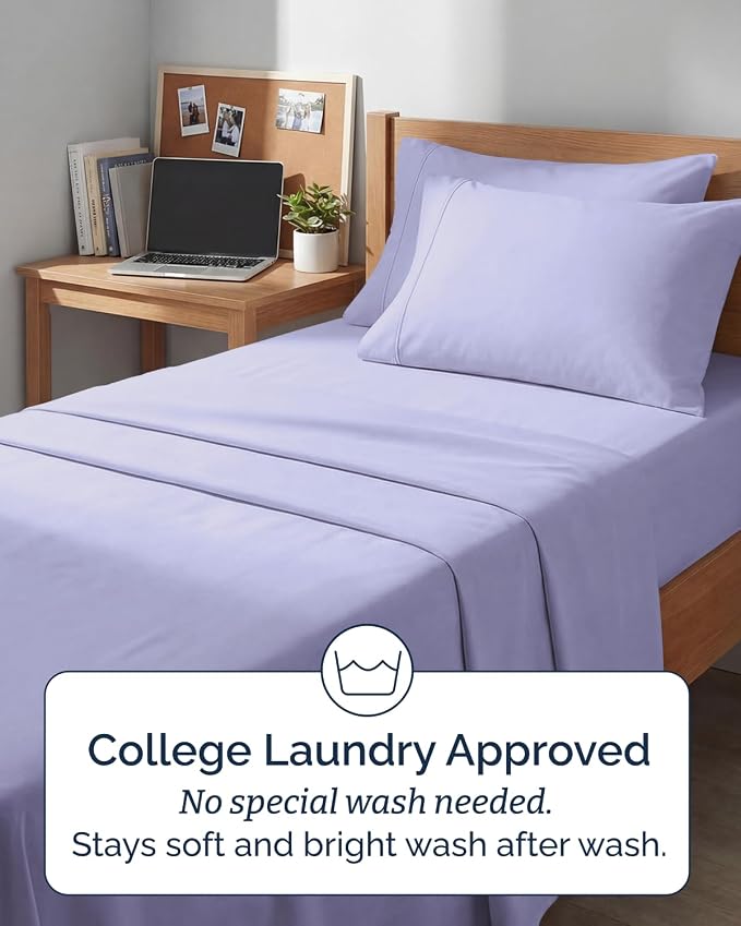 Extra Deep Twin XL Sheet Set - 4 Piece College Dorm Room - Lavender | College Dorm Room Essentials, Easy & Secure Fit, Ultra-Soft, Wrinkle & Fade Free, Comfy Sheets Set with Extra Deep Pockets