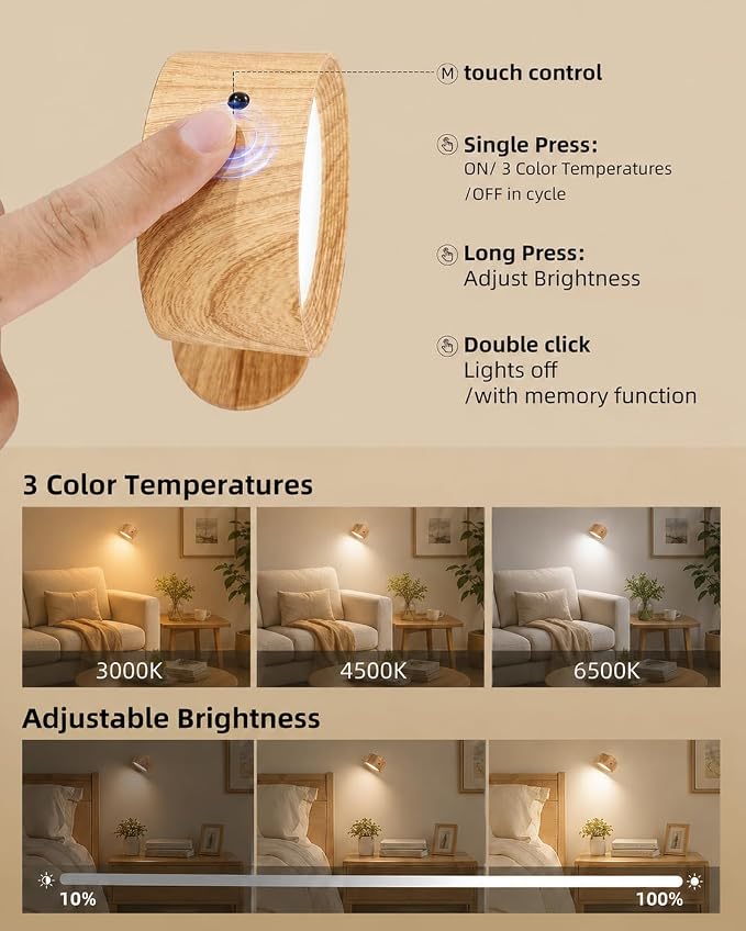 Rechargeable Wall Sconces with Remote, Magnetic Wall Lights, Wood 2 Pack | 3 Color Temperatures, Remote and Touch Control, 360° Rotating and Dimmable for Living Room & Bedroom