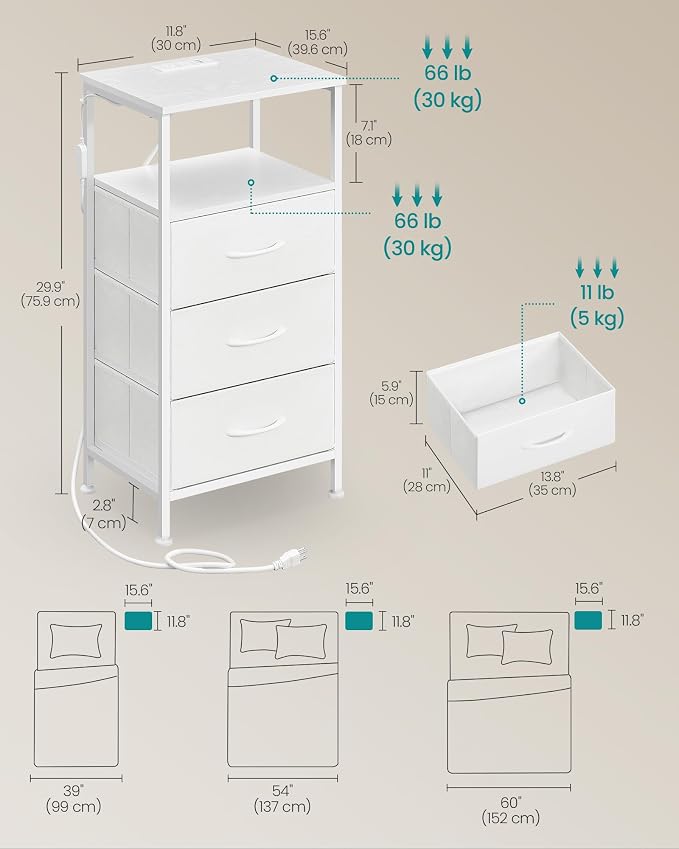 SONGMICS BELLAH Collection - Set of 2 Nightstand with Charging Station and App-Controlled Adjustable LED Lights, Bed Side Tables, 3 Drawers, Cloud White and Snow White ULGS203W101S