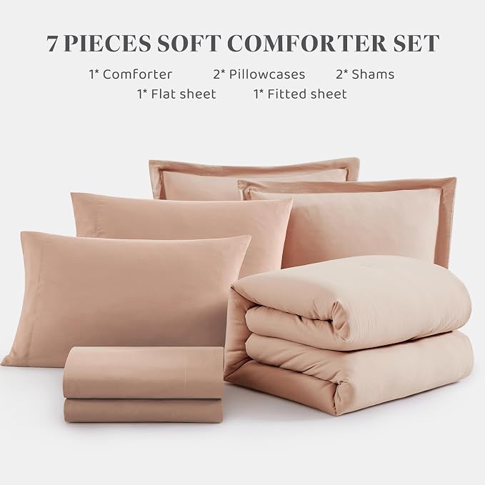 King Size Comforter Set- 7 Pieces Prewashed Bed in a Bag King Bedding Sets | Soft All Season Comforter with Sheets, Pillow Shams & Pillowcases,Clay Pink