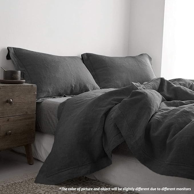 Simple&Opulence 100% Linen Duvet Cover Set with Embroidery Border Washed - 3 Pieces (1 Duvet Cover with 2 Pillow Shams) with Button Closure Soft Breathable Farmhouse - Dark Grey, Queen Size