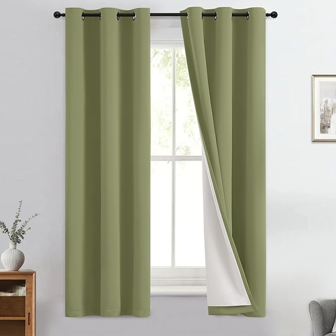 Yakamok Sage Blackout Curtains 63 Inches Long for Bedroom 40" Wide 2 Panel | Blackout Curtain Panels for Bedroom, 2 Thick Layers Grommet Top Thermal Insulated Drapes with White Back for Living Room
