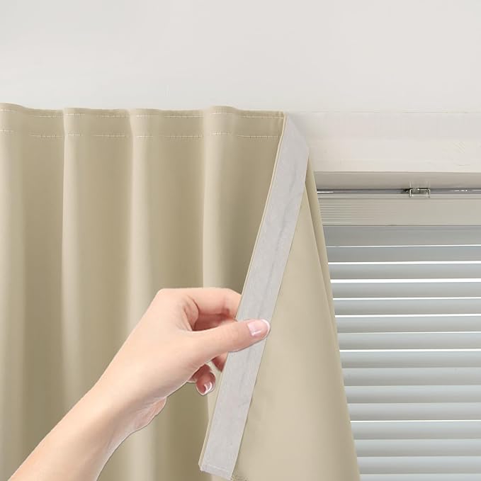 Blackout Curtains with Self Adhesive Tape No Rod No Drill Easy Install Window Cover for Bedroom Kitchen Dorm 34" W X 59" L Beige 1 Panel