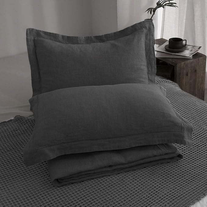 Simple&Opulence 100% Linen Duvet Cover Set with Embroidery Washed - 3 Pieces (1 Duvet Cover with 2 Pillow Shams) with Button Closure Soft Breathable Farmhouse - Dark Grey, King Size