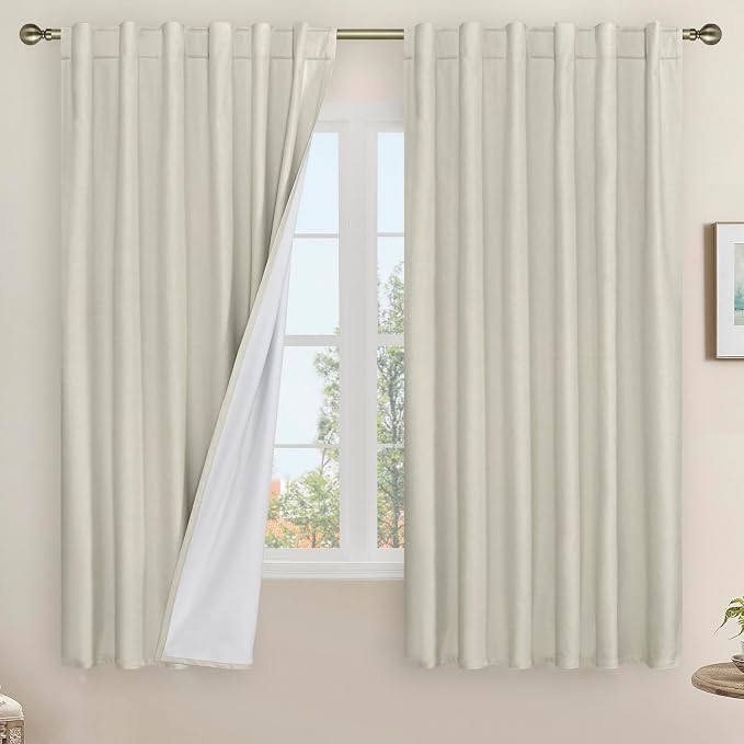 100% Blackout Natural Linen Bedroom Curtains 63 Inches 2 Panels | Stone, Living Room, Curtains for Farmhouse, Thermal, Privacy Protected, Rod Pocket Back Tab Panels, White Liner, 52 x 63 Inch