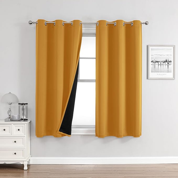 ChrisDowa 100% Blackout Curtains for Bedroom 54 Inches Long 2 Panels Set | 2 Thick Layers Total Light Blocking Thermal Insulated Grommet Window Curtains for Living Room, Mustard Yellow, 42 x 54 Inch
