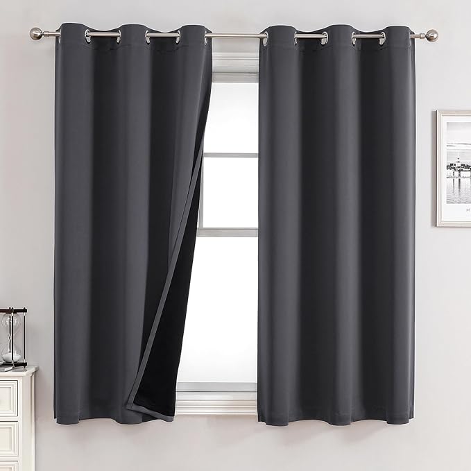 ChrisDowa 100% Blackout Curtains for Bedroom 63 Inches Long 2 Panels Set | 2 Thick Layers, Thermal Insulated, Light Blocking, Grommet, Window Treatment, Living Room Drapes, Dark Grey, 42 x 63 Inch