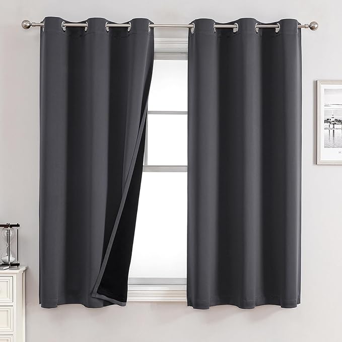 ChrisDowa 100% Blackout Curtains for Bedroom 45 Inches Long 2 Panels Set | 2 Thick Layers, Thermal Insulated, Light Blocking, Grommet, Window Treatment, Living Room Drapes, Dark Grey, 42 x 45 Inch