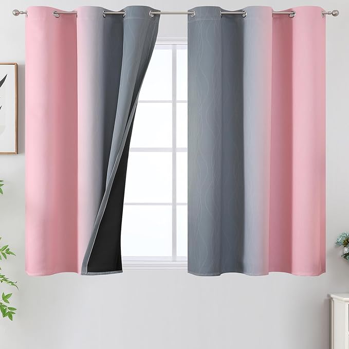 Pink and Gray Ombre Blackout Curtains for Bedroom 45 Inch Long 2 Panels | Room Darkening Gradient Girls Curtains for Living Room,Thermal Insulated,Light Blocking Grommet Window Drapes,42Wx45L Inch